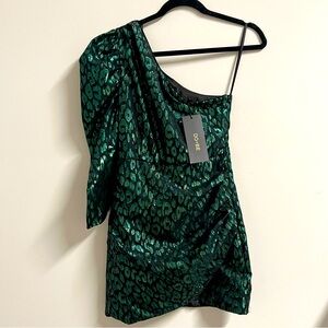 NEW DO+BE Green Leopard‎ Metallic One Shoulder Mini Dress Size S Small